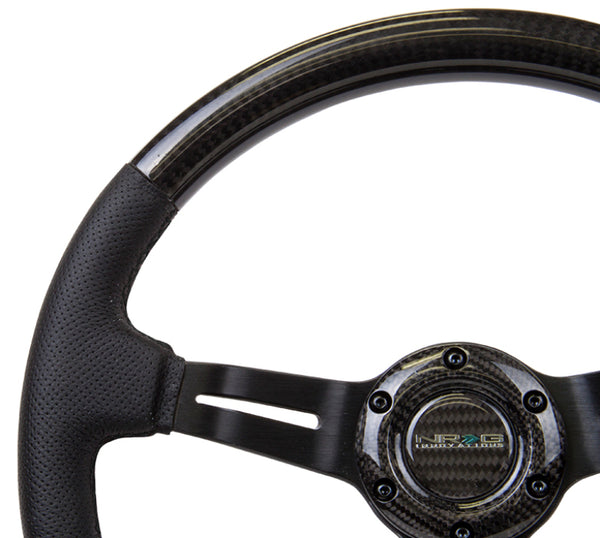 NRG Carbon Fiber Steering Wheel (350mm / 1.5in. Deep) Leather Trim w/Blk Stitch & Slit Cutout Spokes - ST-010CFBS - front view