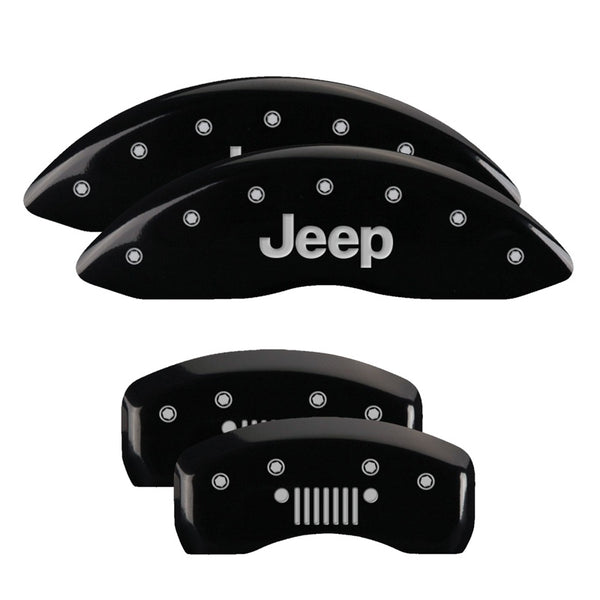MGP 4 Caliper Covers Engraved Front JEEP Engraved Rear JEEP Grill logo Black finish silver ch - 42003SJPLBK