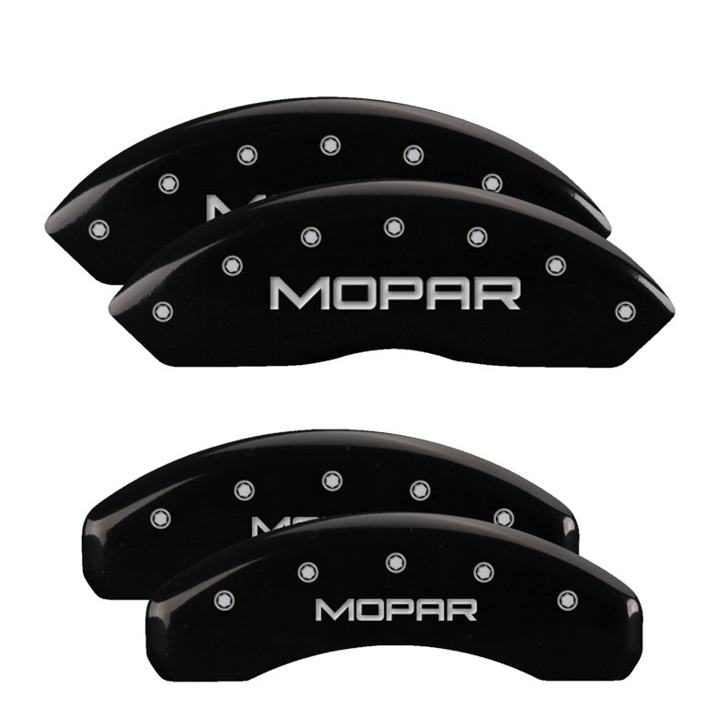MGP 4 Caliper Covers Engraved Front &amp; Rear MOPAR Black finish silver ch - 42007SMOPBK