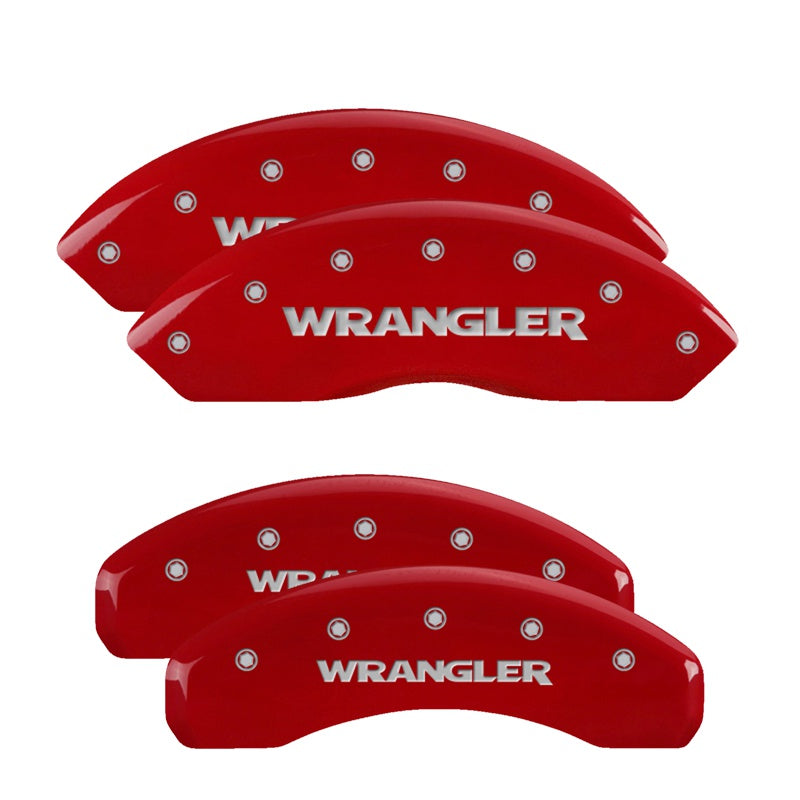 MGP 4 Caliper Covers Engraved Front &amp; Rear 2018 Jeep Wrangler Red Finish Silver Wrangler Logo - 42019SWRGRD