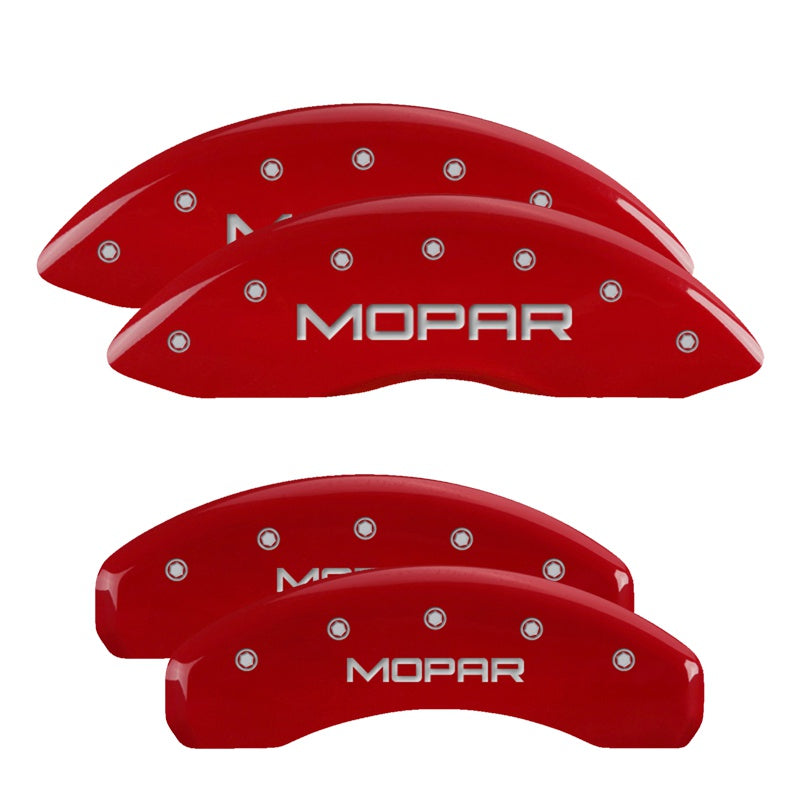 MGP 4 Caliper Covers Engraved Front &amp; Rear 11-18 Jeep Grand Cherokee Red Finish Silver Mopar Logo - 42020SMOPRD