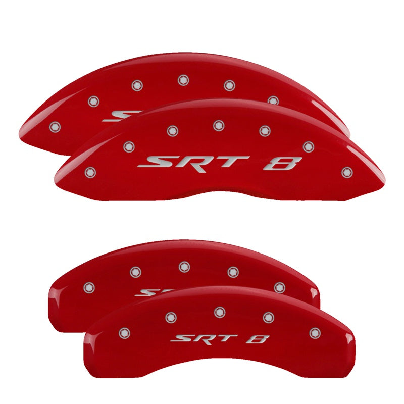 MGP 4 Caliper Covers Engraved Front &amp; Rear 11-18 Jeep Grand Cherokee Red Finish Silver SRT-8 Logo - 42020SSR8RD