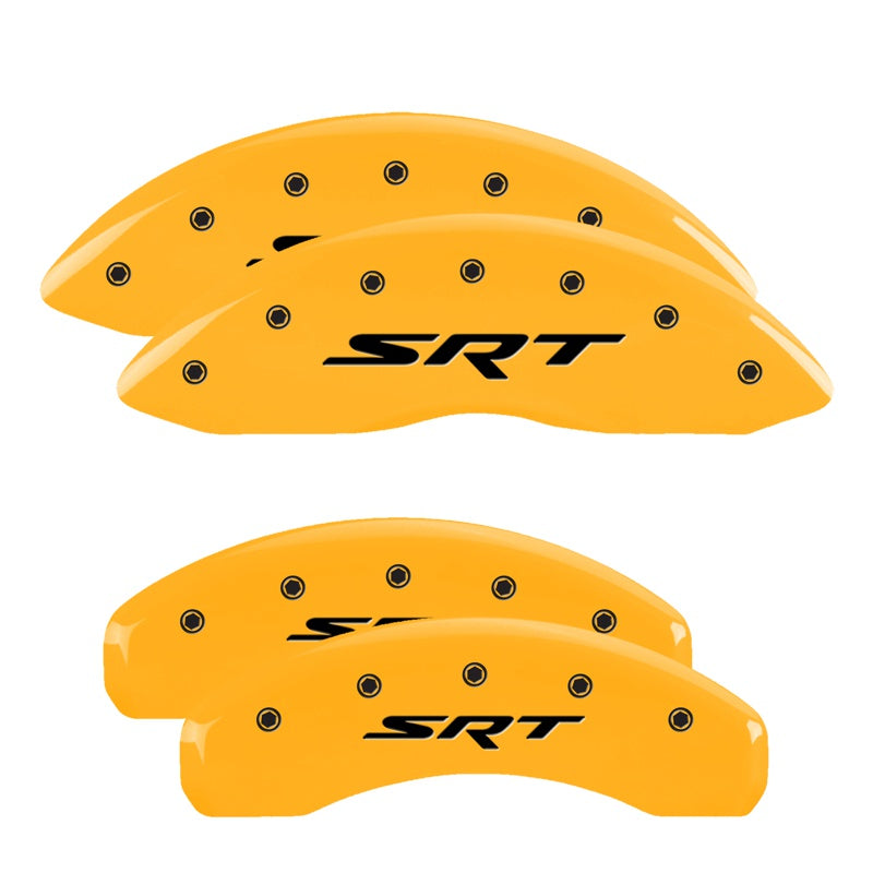 MGP 4 Caliper Covers Engraved Front &amp; Rear 11-18 Jeep Grand Cherokee Yellow Finish Black SRT Logo - 42020SSRTYL
