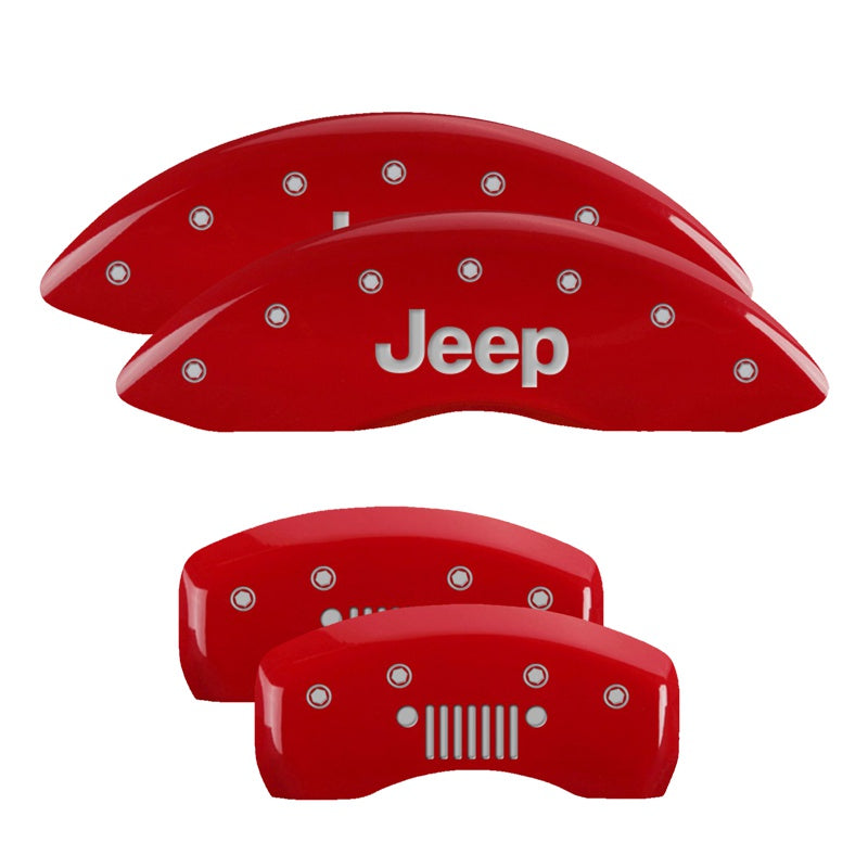 MGP 4 Caliper Covers Engraved Front &amp; Rear 20-26 Jeep Gladiator - Red w/ JEEP &amp; Grill Logo - 42021SJPLRD