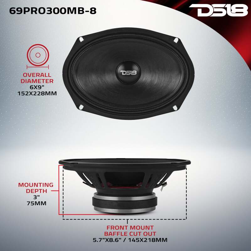 DS18 6x9in 150 Watts RMS 8ohm Mid-Bass Water-Resistant Cone Loudspeaker - 69PRO300MB-8 - side view