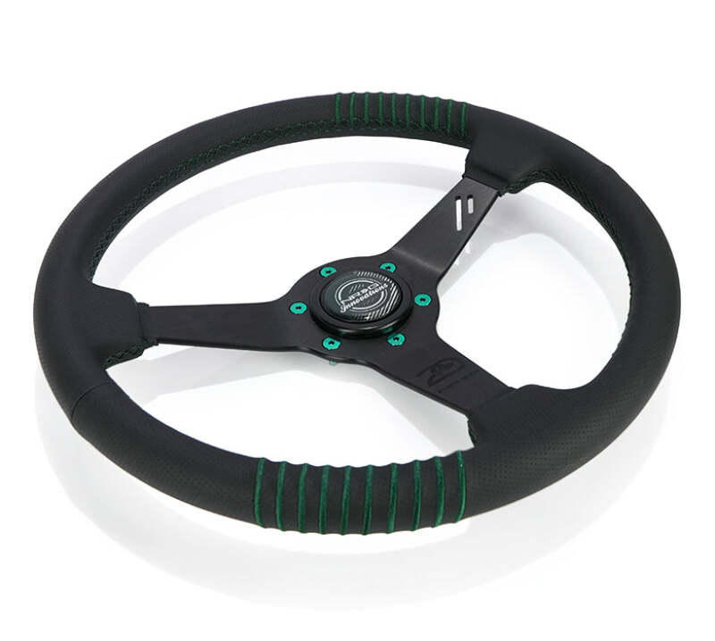 NRG Steering Wheel 1.5in Dish 350mm Black Perforated Leather - Emerald Stitching - Reinforced Spoke - RST-037MB-B-20 - close-up view 2 3 4