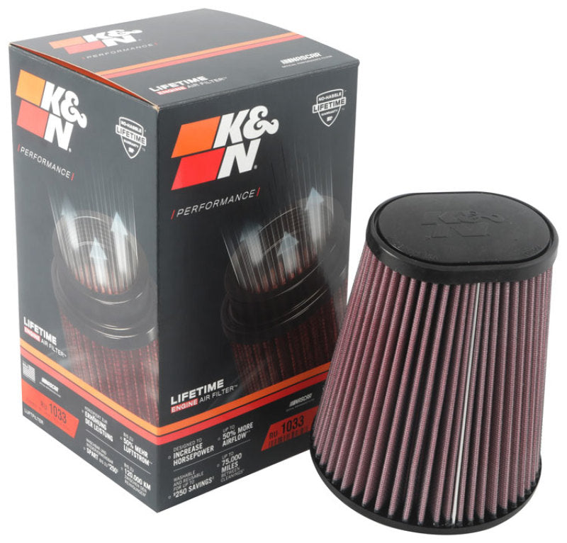 K&amp;N Universal Clamp-On Air Filter 3-1/2in 10 Degree Flange 5-3/4in B 4-1/2in x 3-1/4in T 7in H - RU-1033