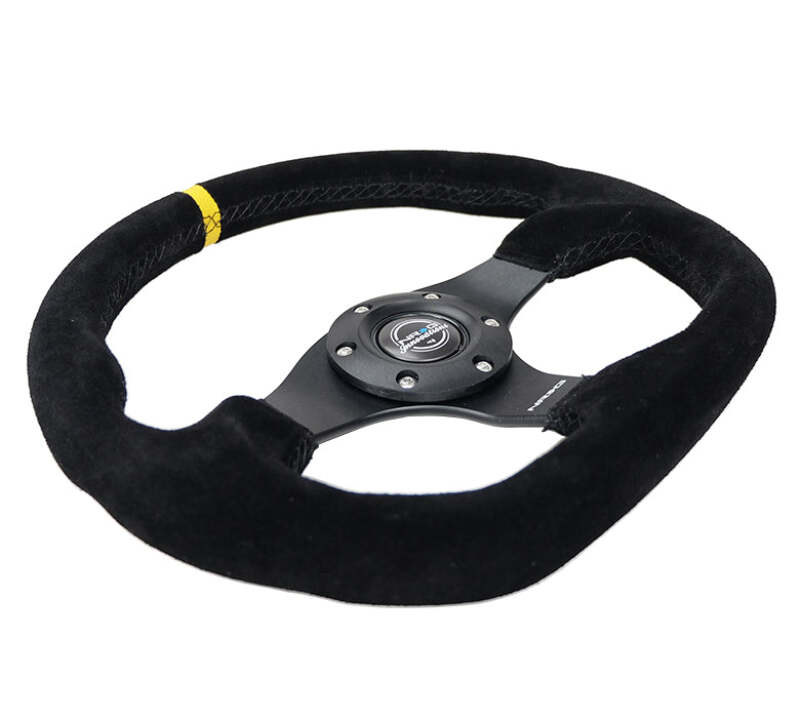 NRG Reinforced Steering Wheel (320mm) Sport Suede Flat Bottom w/ Yellow Center Mark - RST-024MB-S-Y - close-up view