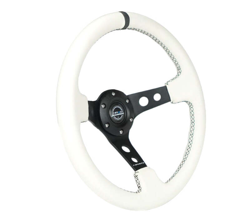 NRG Reinforced Steering Wheel (350mm/3in. Deep) White Leather w/Blk Spoke/Round Holes/White Stripes - RST-006BK-WT-B - close-up view 2 3