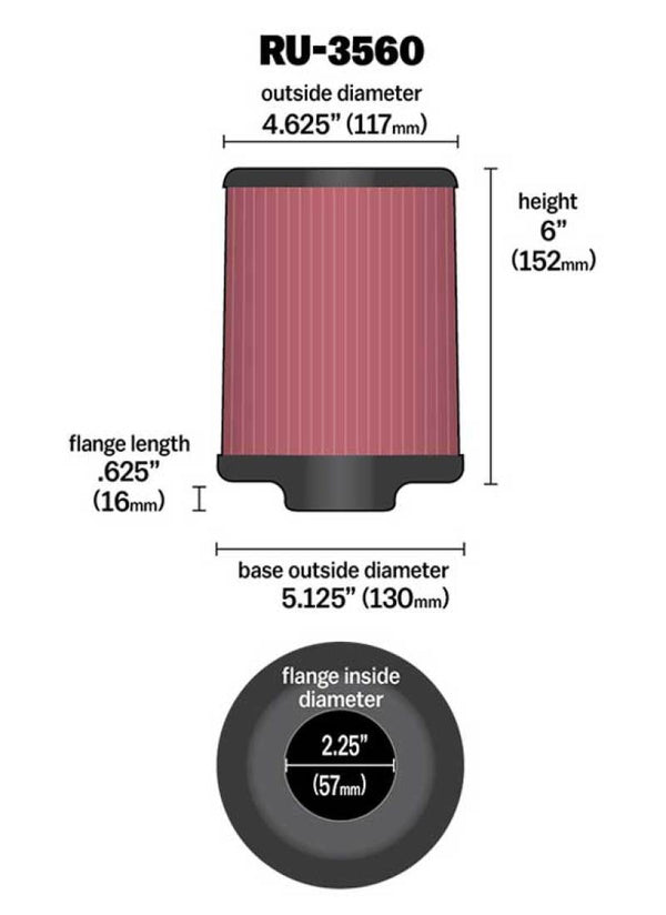 K&N Universal Rubber Filter 2-1/4in FLG x 5-1/8in Base x 4-5/8in Top x 6in Height - RU-3560 for 2013-2014 Dodge Dart - front 