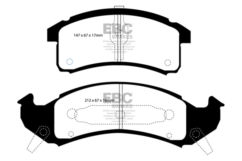 EBC 92-93 Buick Le Sabre (FWD) 3.8 Ultimax2 Front Brake Pads - UD505 for 1991-1993 Buick Park Avenue - front view