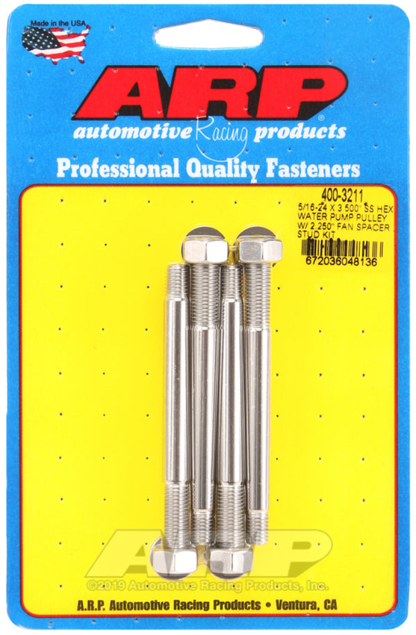 ARP 5/16-24 X 3.500 SS Hex Water Pump Pulley w/ 2.250in Fan Spacer Stud Kit - 400-3211 by ARP