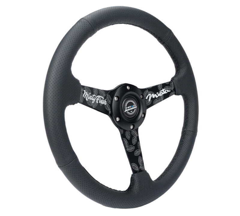 NRG Reinforced Black Perforated Leather Steering Wheel 350mm / 1.5in Deep w/ Goal Digger Blk Stitch - RST-037MB-BGD-R - close-up view