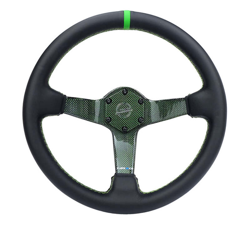 NRG Reinforced Steering Wheel (350mm) Green Carbon Fiber Center - Green Stitching & Center Mark - RST-036CF-GN - front view
