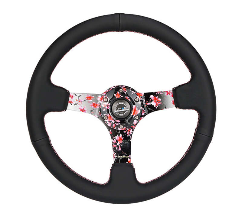 NRG Reinforced Steering Wheel (350mm/3in.) Hydro Dipped Sakura Floral w/ Pink Suede Black Stitch - RST-036SAK-R - front view