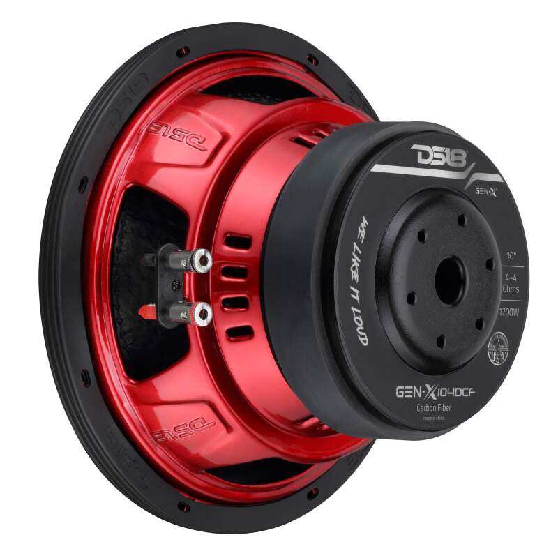 DS18 10in 600 Watts RMS 4ohm DVC Carbon Fiber Dust Cap - GEN-X104DCF - angle view