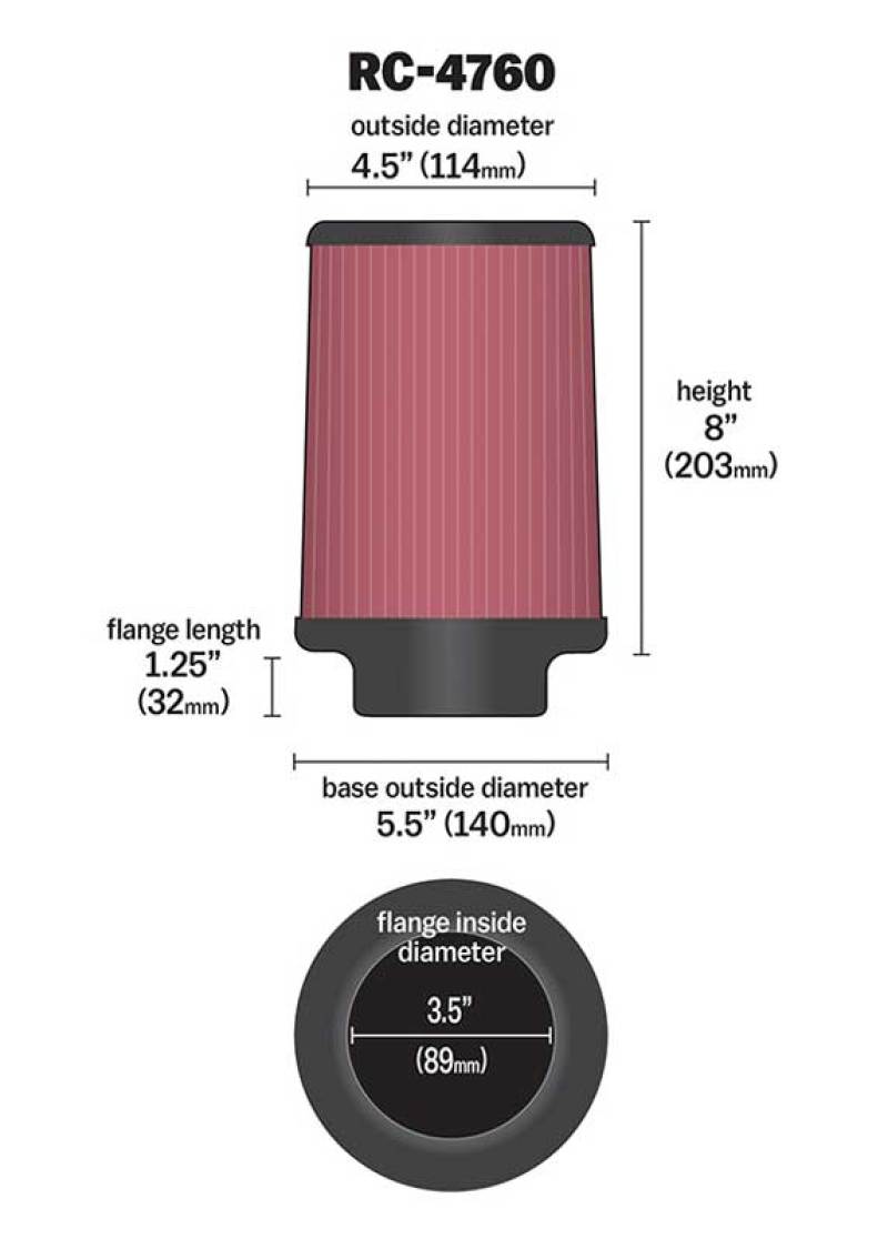 K&amp;N Universal Chrome Filter 3 1/2 inch FLG / 5 1/2 inch Bottom / 4 1/2 inch Top / 8 inch Height - RC-4760