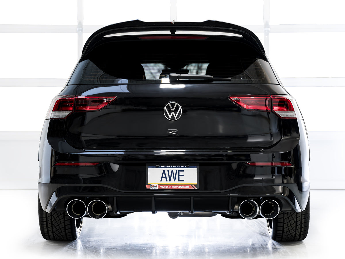 AWE MK8 Volkswagen Golf R 3in Track Edition Quad Exhaust - Chrome Silver Tips - 3020-42658