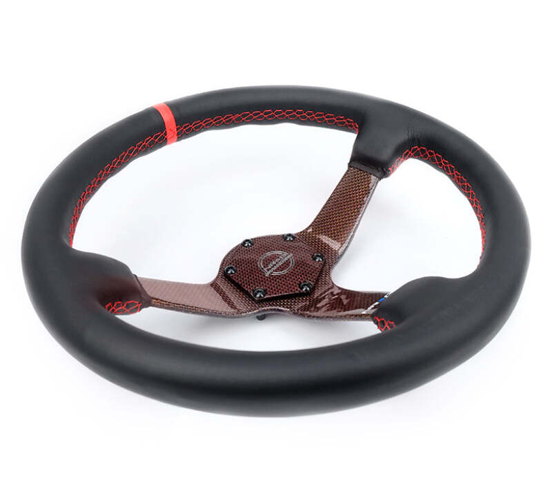 NRG Carbon Fiber Steering Wheel 350mm 3in Deep Red Carbon Fiber Red Stiching Red Center Mark Leather - RST-036CF-RD - close-up view