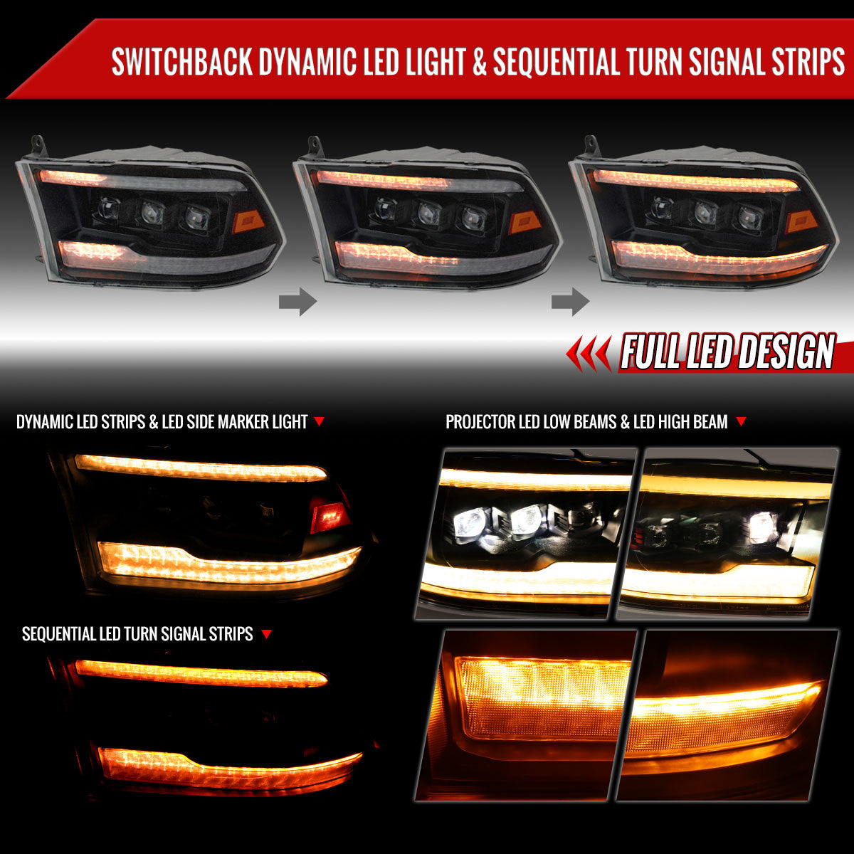Spec-D Tuning - 2009-2018 Dodge RAM 1500 / 2019 RAM Classic / 2010-2018 RAM 2500 3500 Projector Headlights w/ Amber LED Sequential Turn Signal (Matte Black Housing/Clear Lens) - 4LHE-RAM09JM-SQ-RS