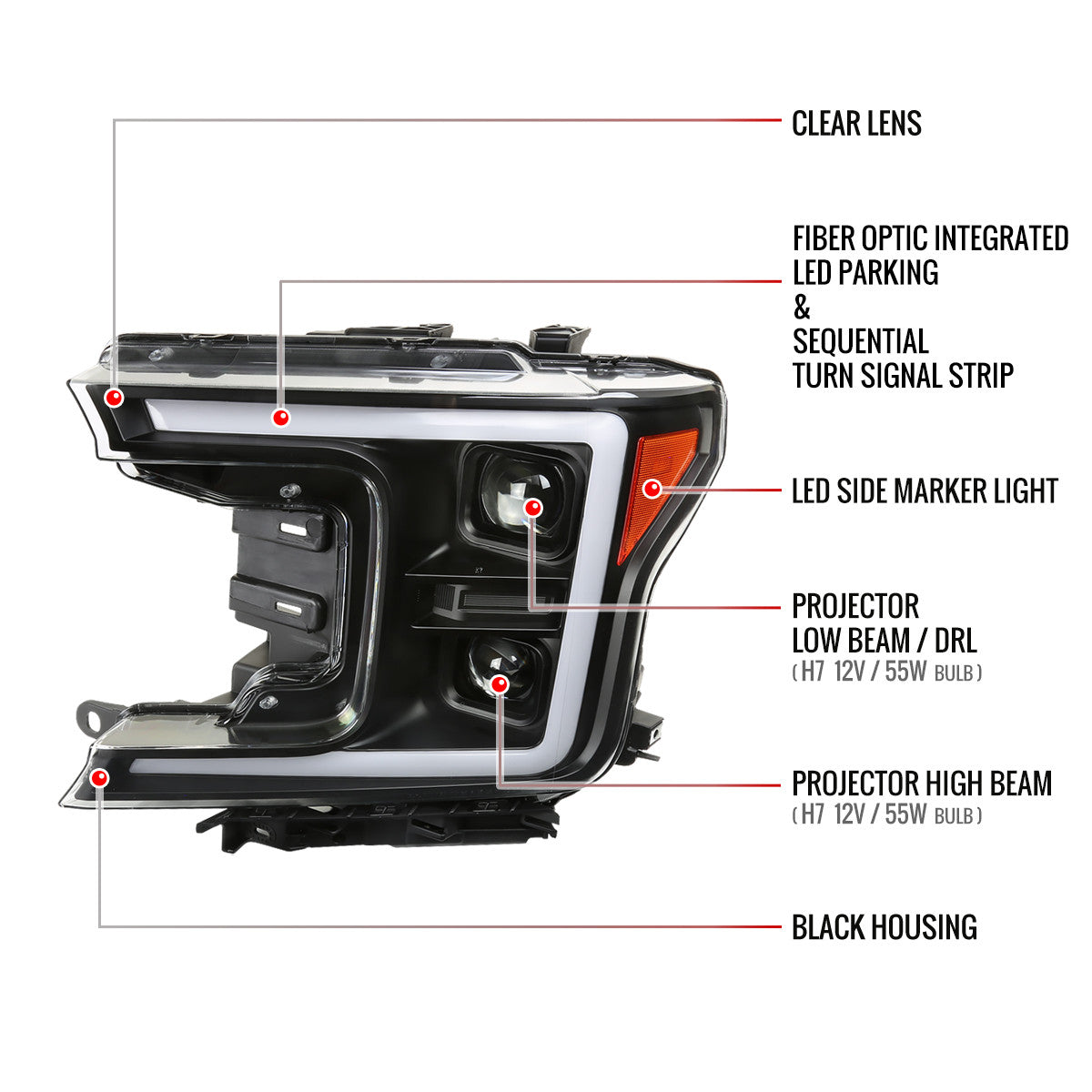 Spec-D Tuning - 2018-2020 Ford F-150 Projector Headlights w/ Amber LED Sequential Turn Signal Lights (Matte Black Housing / Clear Lens) - 4LHP-F15018JM-SQ-RS