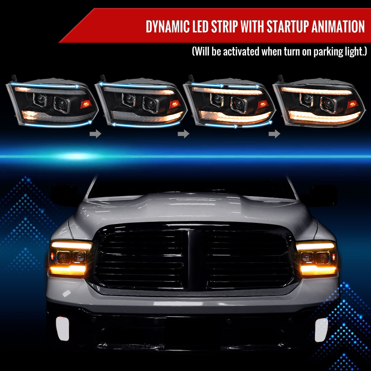 Spec-D Tuning - 2009-2018 Dodge RAM 1500  / 2019-2021 RAM Classic / 2010-2018 RAM 2500 3500 Projector Headlights w/ Amber LED Sequential Turn Signal (Matte Black Housing/Clear Lens) - 4LHP-RAM09JMG7-SQ-RS