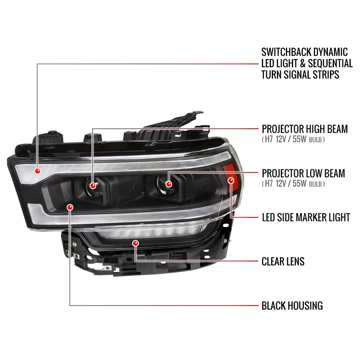 Spec-D Tuning - 2019-2024 Dodge RAM 2500/3500/4500/5500 Projector Headlights w/ Amber LED Sequential Turn Signal & Starup Animation (Matte Black Housing/Clear Lens) - 4LHP-RAM1925JM-SQ-RS
