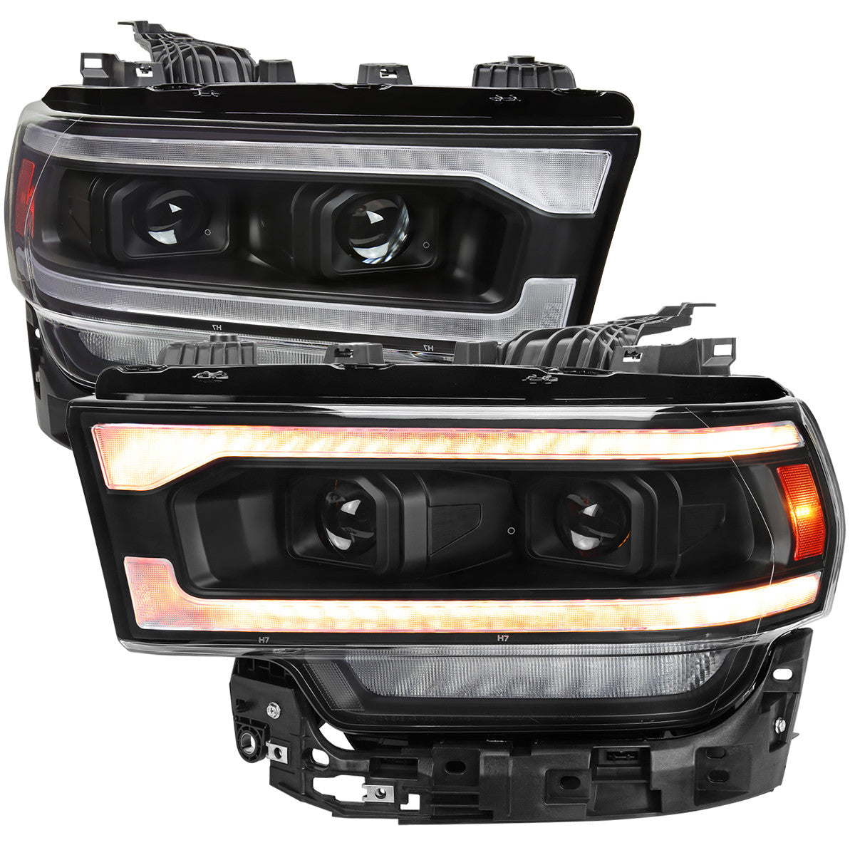 Spec-D Tuning - 2019-2024 Dodge RAM 2500/3500/4500/5500 Projector Headlights w/ Amber LED Sequential Turn Signal & Starup Animation (Matte Black Housing/Clear Lens) - 4LHP-RAM1925JM-SQ-RS