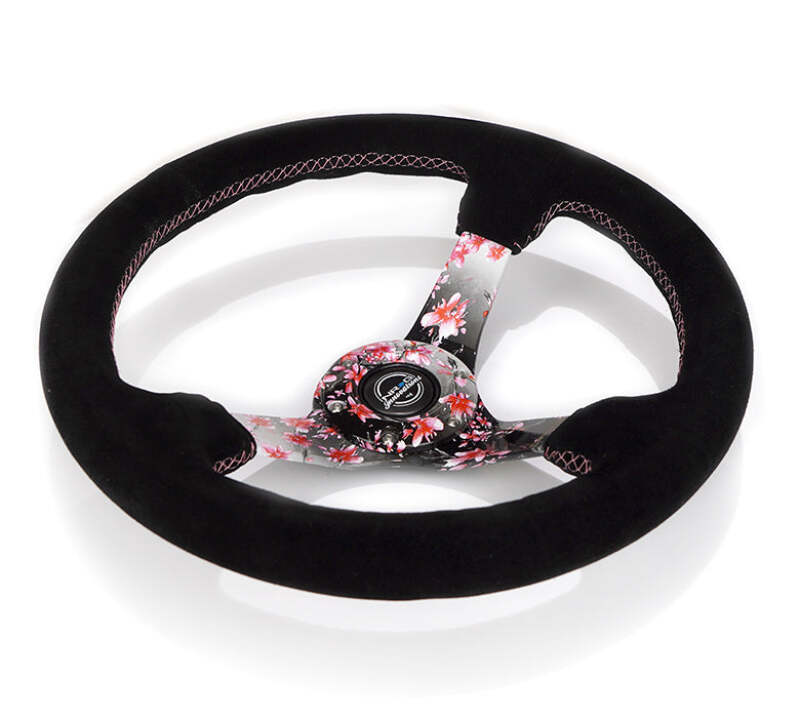 NRG Reinforced Steering Wheel (350mm) 3in Deep Pink Sakura Floral Solid Spoke - Black Suede/Stitch - RST-036SAK-S - close-up view