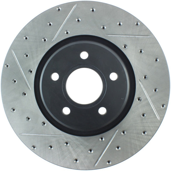 StopTech Slotted & Drilled Sport Brake Rotor - 127.39038R for 2006-2013 Volvo C70 - front view