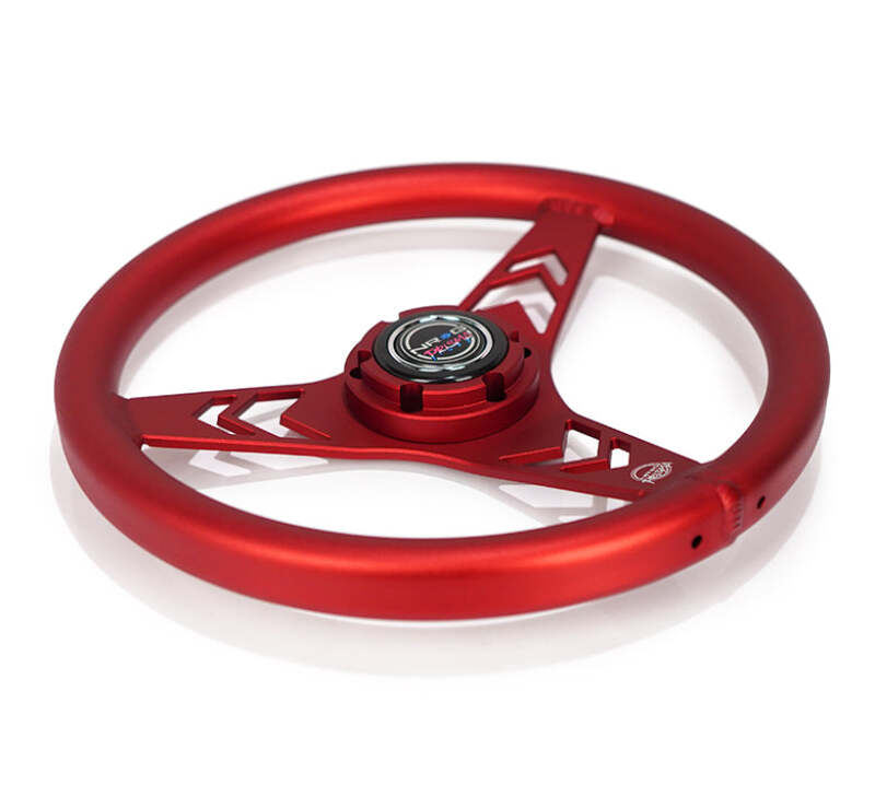 NRG Aluminum Steering Wheel 330mm - Arow Cutout - Ergonomic Grip - Anadized Red - RST-070-RD - close-up view