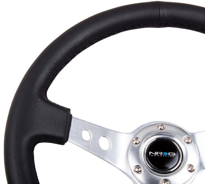 NRG Reinforced Steering Wheel (350mm/3in. Deep) White Leather w/Blk Spoke/Round Holes/White Stripes - RST-006BK-WT-B - close-up view 2 3 4
