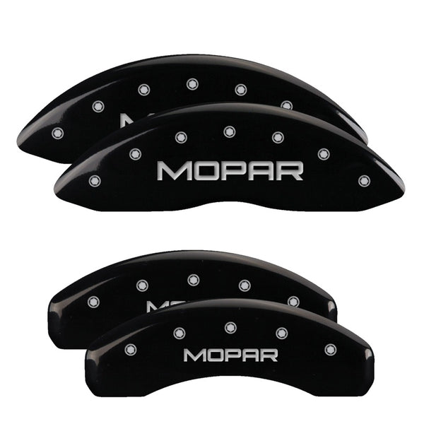 MGP 4 Caliper Covers Engraved Front &amp; Rear Mopar Black Finish Silver Char 2019 Ram 1500 - 55005SMOPBK