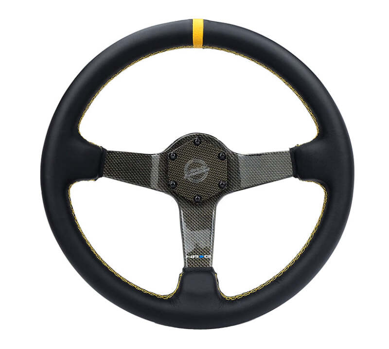NRG Carbon Fiber Steering Wheel (350mm) Leather Trim w/Gold Stitching/Center Mark - RST-036CF-GD - front view