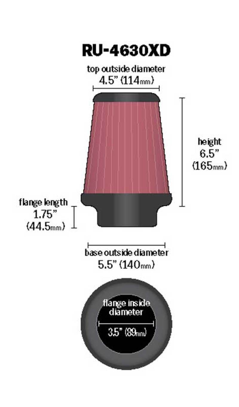 K&amp;N Universal Air Filter 3-1/2in Flange / 5-1/2in Base / 4-1/2in Top / 6-1/2in Height - RU-4630XD