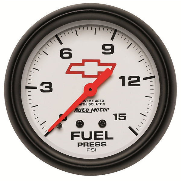 AutoMeter Gauge Fuel Press 2-5/8in. 15PSI Mech W/Isolator Chevy Red Bowtie White - 5813-00406