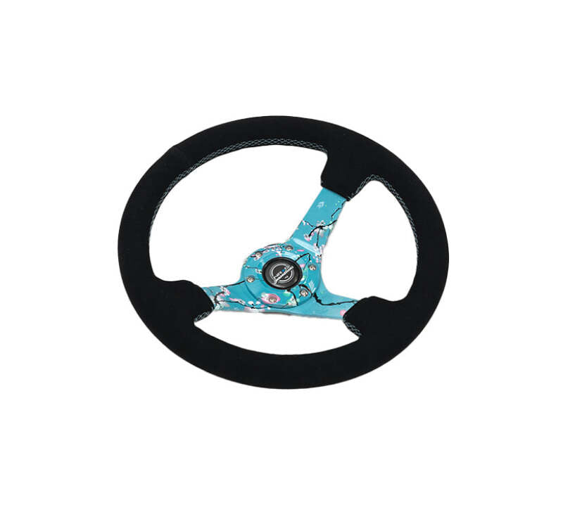 NRG Reinforced Suede Steering Wheel (350mm / 3in. Deep) Hydro Dipped Blossom Floral w/ Teal Stitch - RST-036BLOSSOM-S - close-up view 2
