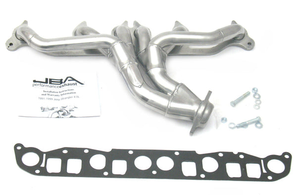 JBA 91-99 Jeep 4.0L 1-1/2in Primary Silver Ctd Cat4Ward Header - 1526SJS for 1991-1999 Jeep Cherokee - front view