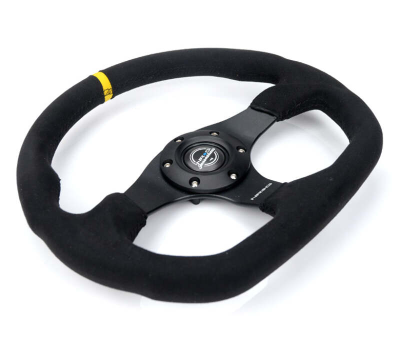 NRG Reinforced Steering Wheel (320mm) Sport Alcantara Flat Bottom w/ Yellow Center Mark - RST-024MB-SA-Y - close-up view