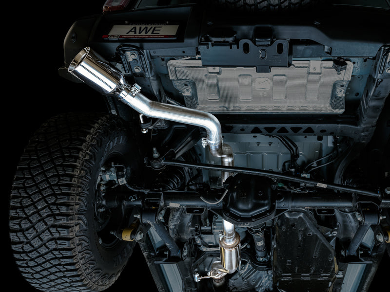 AWE Tuning 2021+ Ford Bronco 0FG Single Rear Exit Exhaust w/Chrome Silver Tip &amp; Bash Guard - 3015-22789