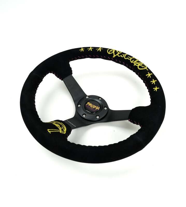 NRG Reinforced Black Perforated Leather Steering Wheel 350mm / 3in Deep w/ NVR Embroidery - RST-036MB-S-NVR - close-up view
