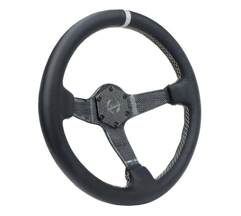 NRG Carbon Fiber Steering Wheel (350mm) Silver Carbon Fiber Center - Silver Stitching & Center Mark - RST-036CF-SL - close-up view