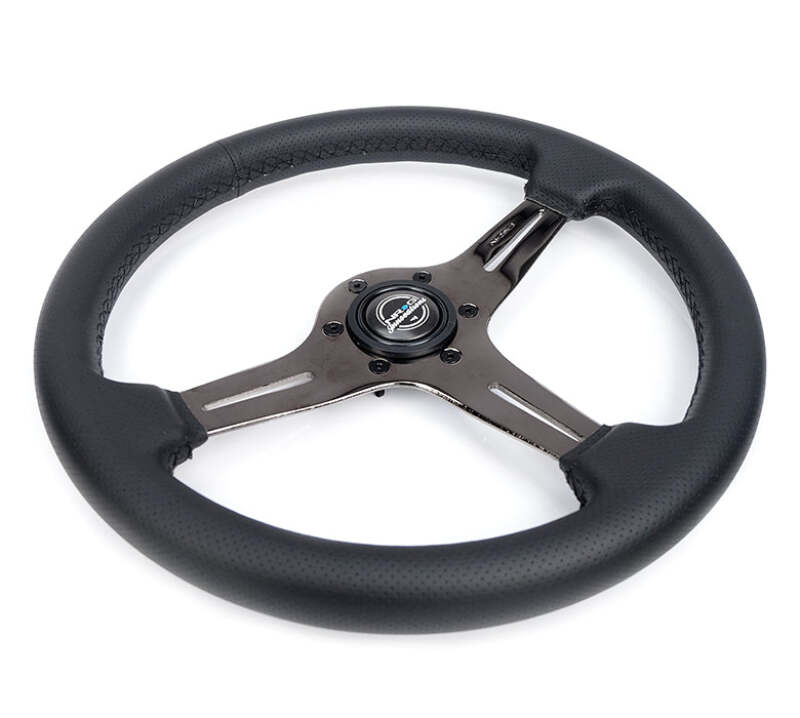 NRG Light Weight Gaming Steering Wheel - 350mm 3 Black Chrome Silver Spokes Perforated Leather - ST-018BC-PR - close-up view 2