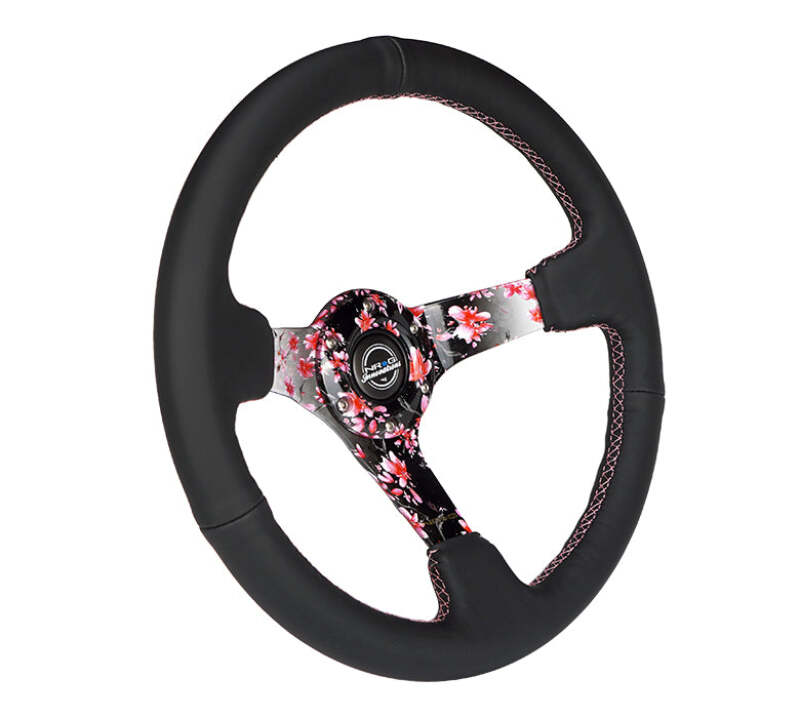 NRG Reinforced Steering Wheel (350mm/3in.) Hydro Dipped Sakura Floral w/ Pink Suede Black Stitch - RST-036SAK-R - close-up view
