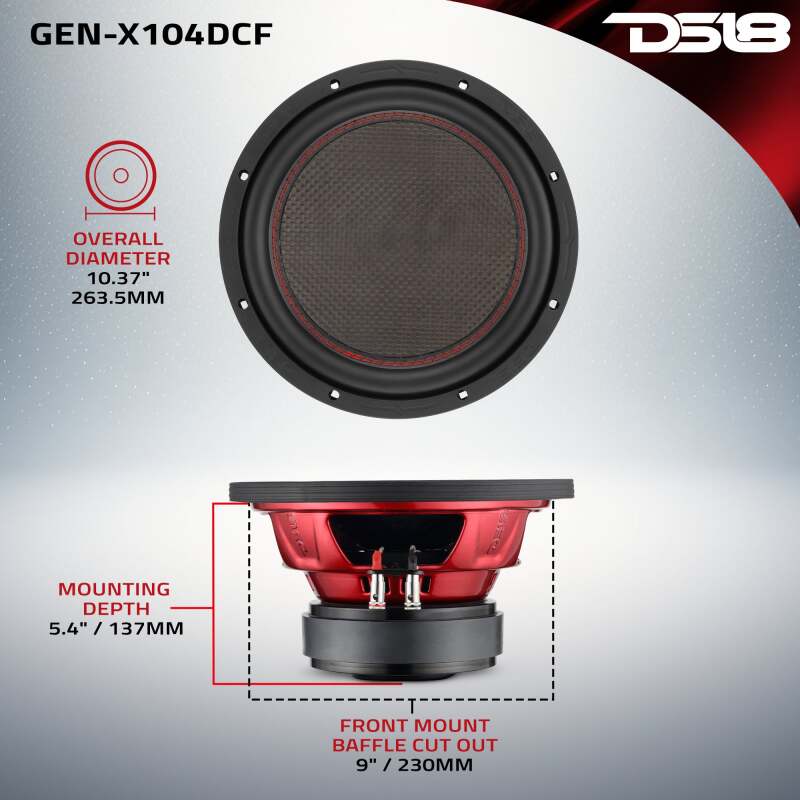 DS18 10in 600 Watts RMS 4ohm DVC Carbon Fiber Dust Cap - GEN-X104DCF - detail view