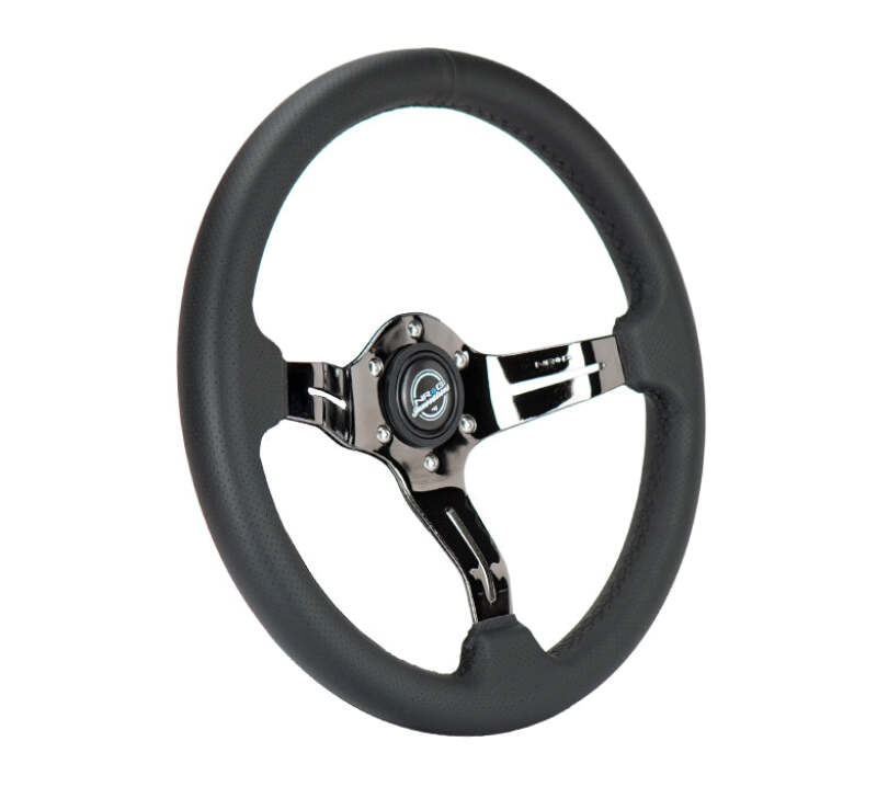 NRG Light Weight Gaming Steering Wheel - 350mm 3 Black Chrome Spokes Perforated Leather - ST-010BC-PR - close-up view
