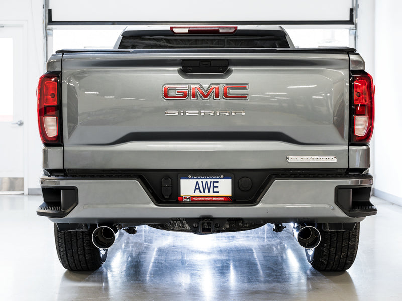 AWE Tuning 4th Gen GM 1500 5.3L 0FG Catback Split Rear Exit (Flat Bumper) - Quad Chrome Tips - 3015-32205