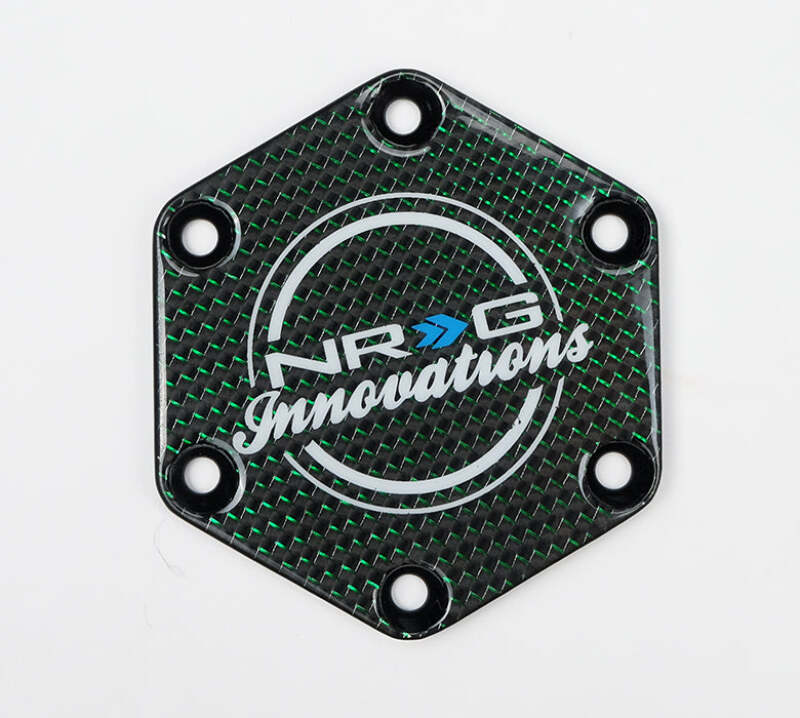 NRG Carbon Fiber w/ Green Texalium Fabrics Horn Delete Button Circular Logo Front/ Back - STR-640CF/GN - close-up view