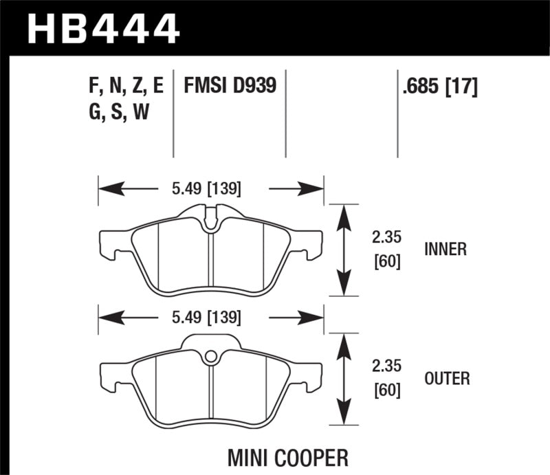 Hawk 02-06 Mini Cooper / Cooper S HP+  Street Front Brake Pads - HB444N.685 for 2002-2009 Mini Cooper - front view