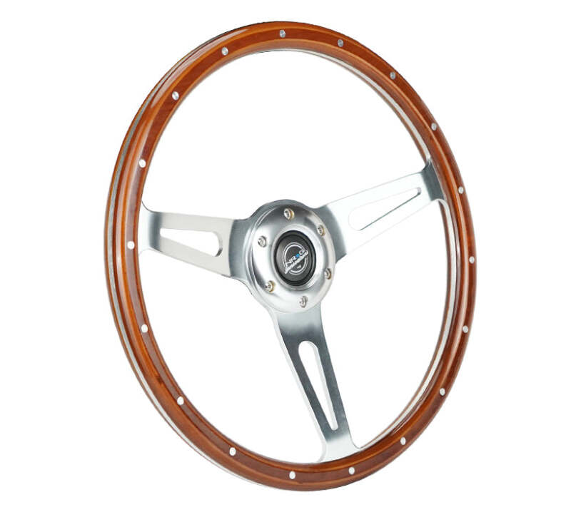 NRG Reinforced Steering Wheel (360mm) Dark Wood Grain w/Chrome 3-Spoke Center - RST-363SL - close-up view